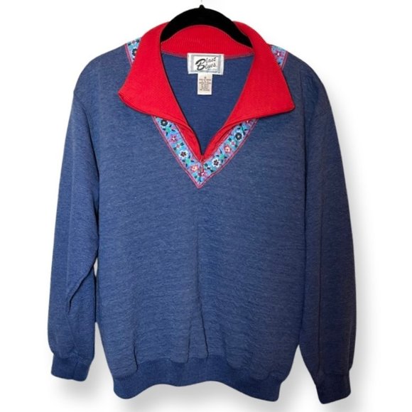 Vintage Sweaters - Vintage Grannycore Navy Blue and Red Turtleneck & Zip Collar Sweatshirt